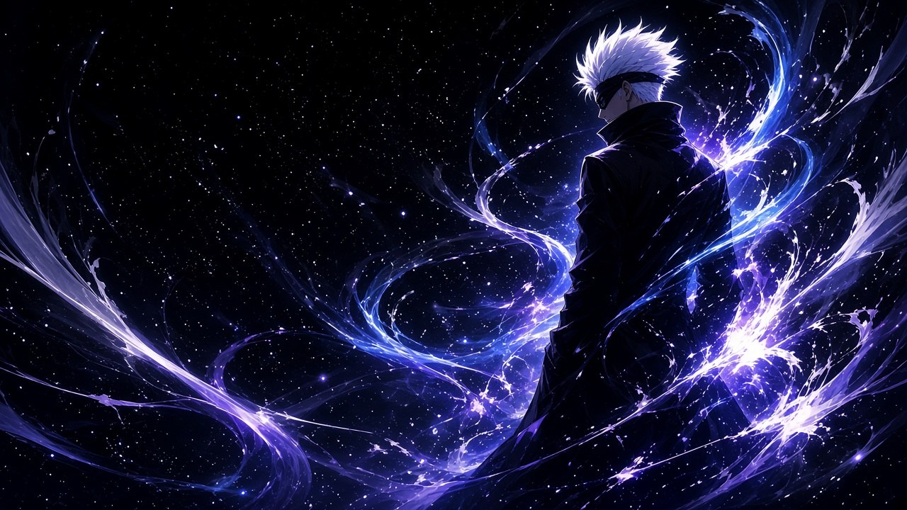 Original artwork: a white-haired, blindfolded sorcerer silhouette surrounded by blue and violet light streaks in a starry void