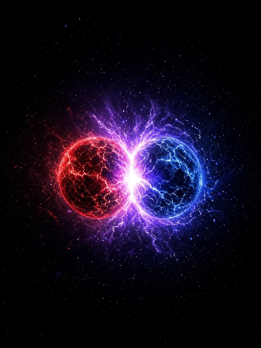 Original artwork: a red and a blue orb fusing into violet lightning