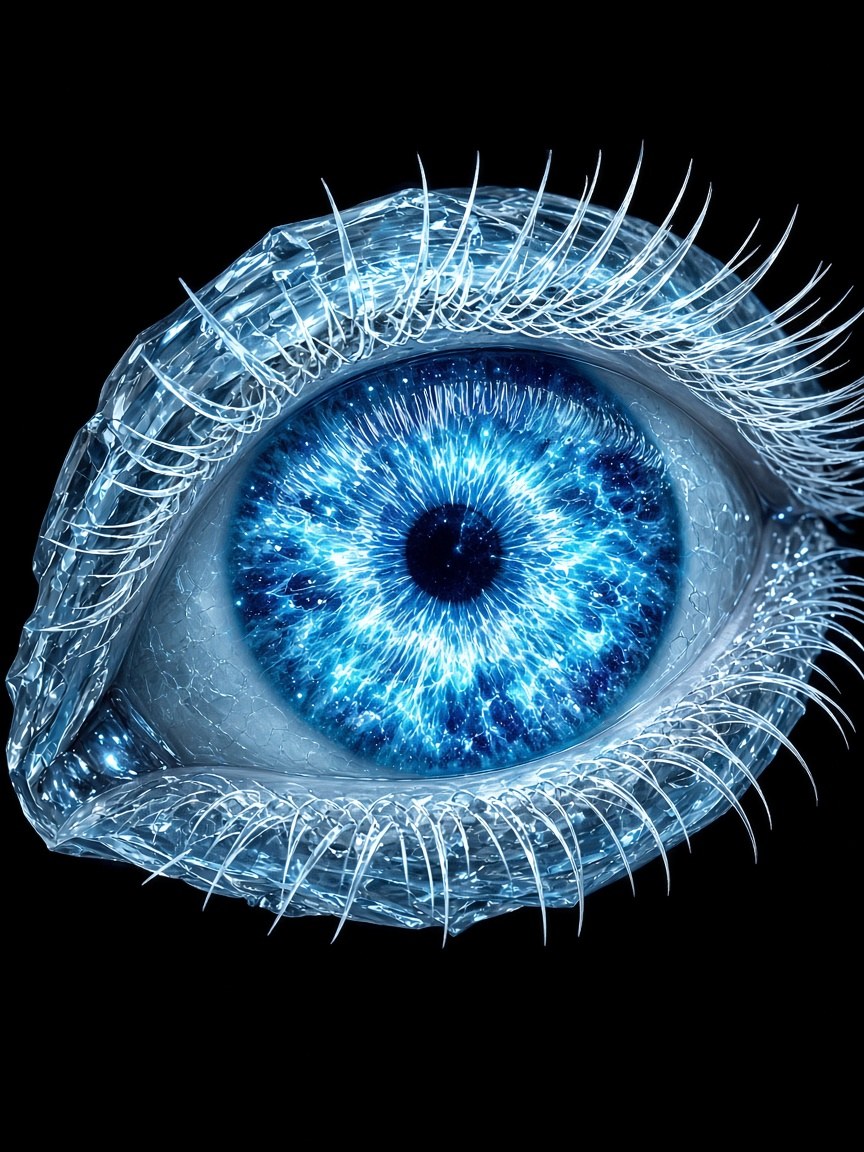 Original artwork: a crystalline ice-blue eye with a galaxy-like iris on black