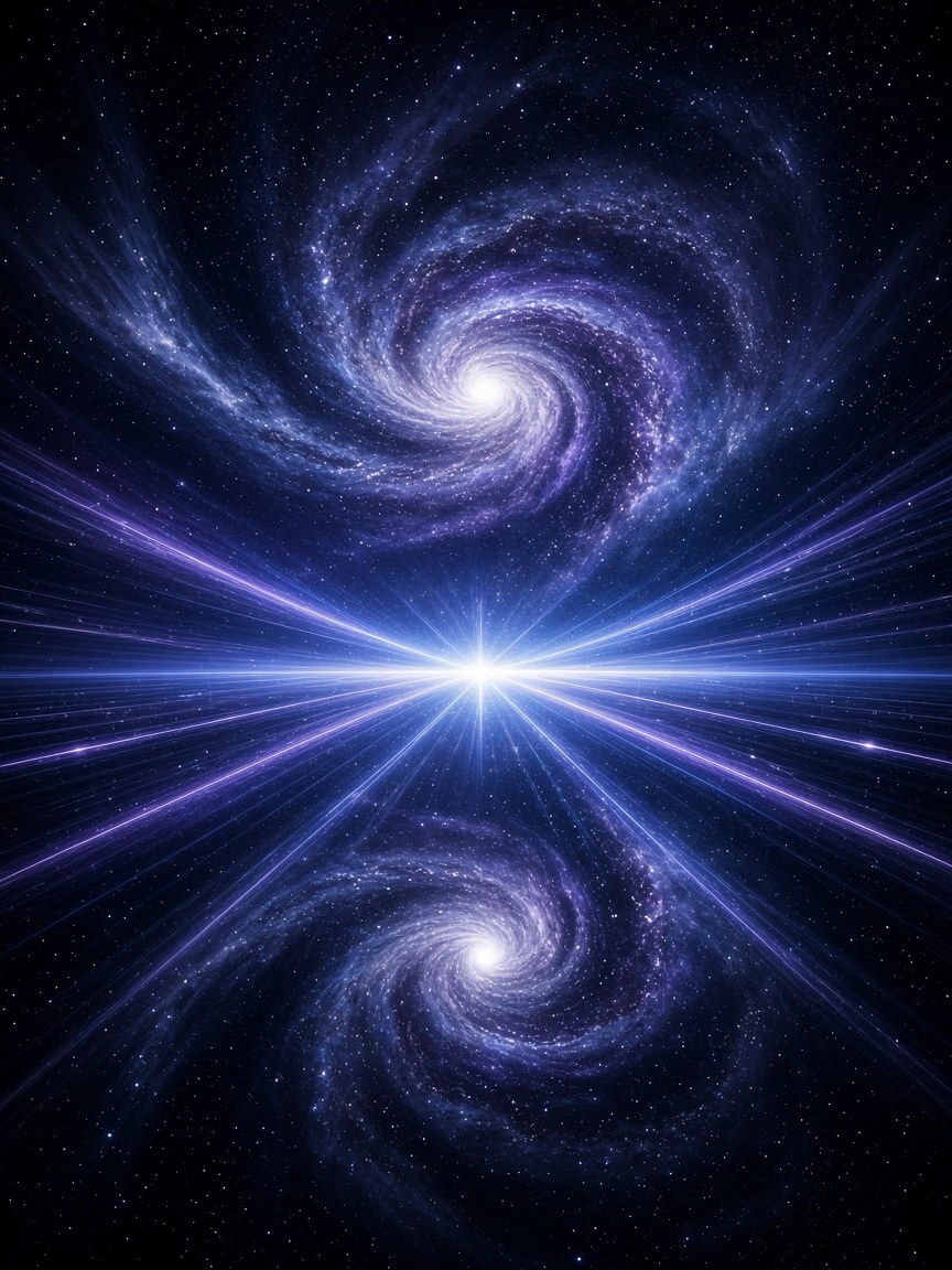 Original artwork: twin galaxies and a burst of blue-violet light